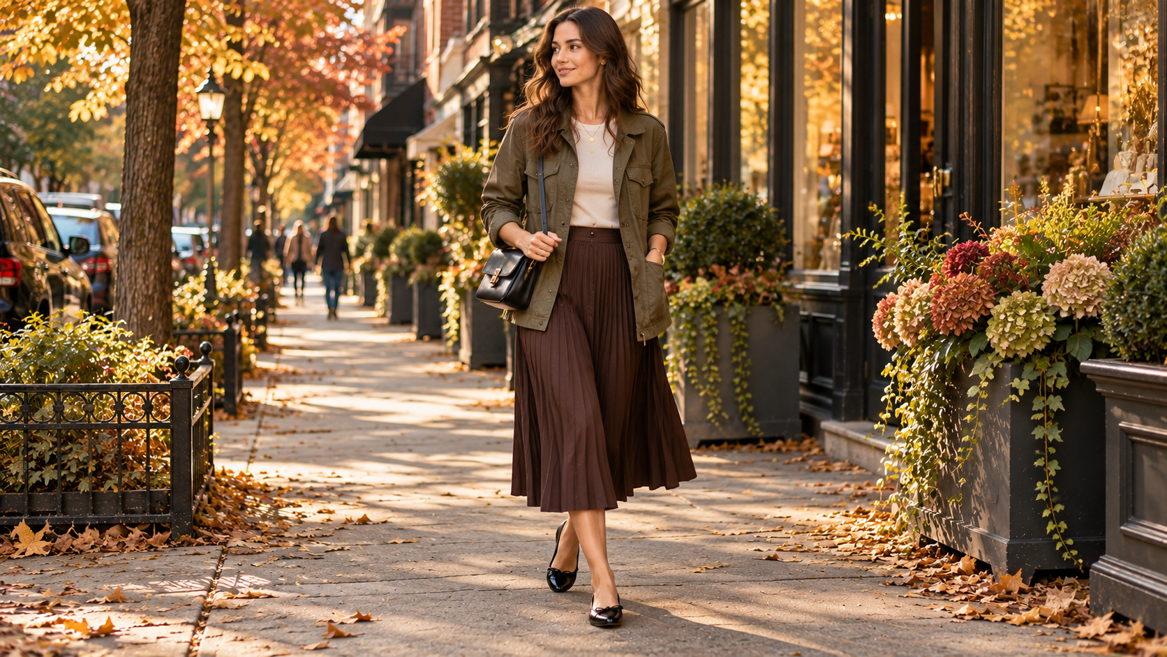 Cardigan with Satin Midi Skirt and White Sneakers